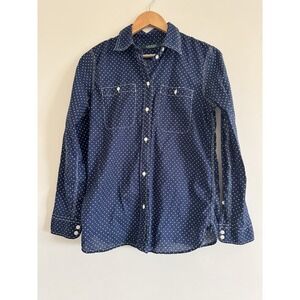 Ralph Lauren Button Down Shirt Polka Dots Business Casual Navy Womens Small Blue
